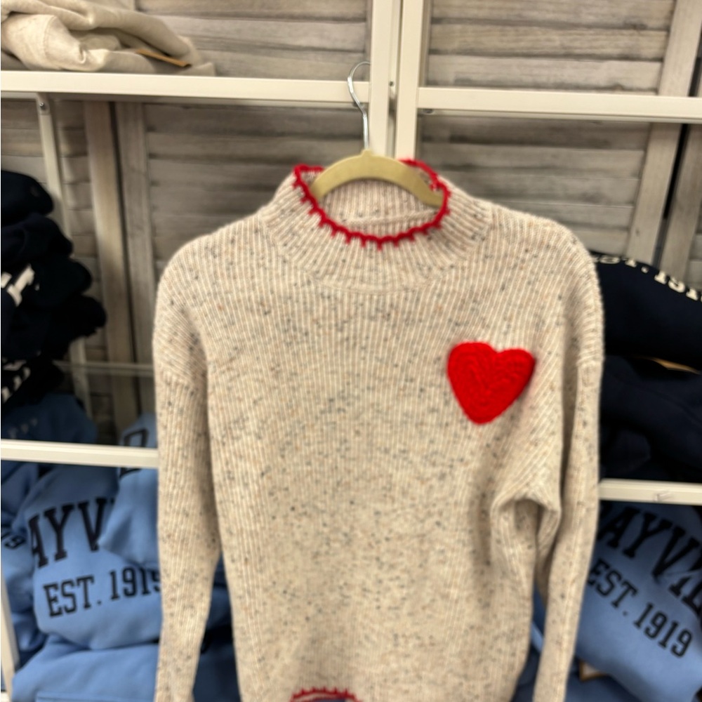 Cozy Gray and Red Turtleneck Sweater with Heart Accent
